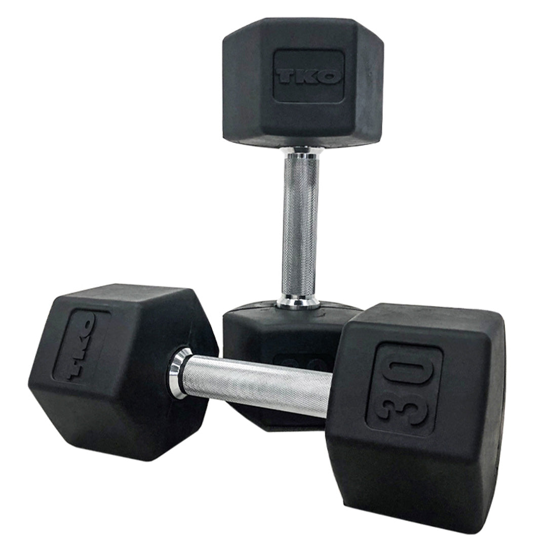 TKO rubber hex dumbbells with chrome handles in multiple weight options