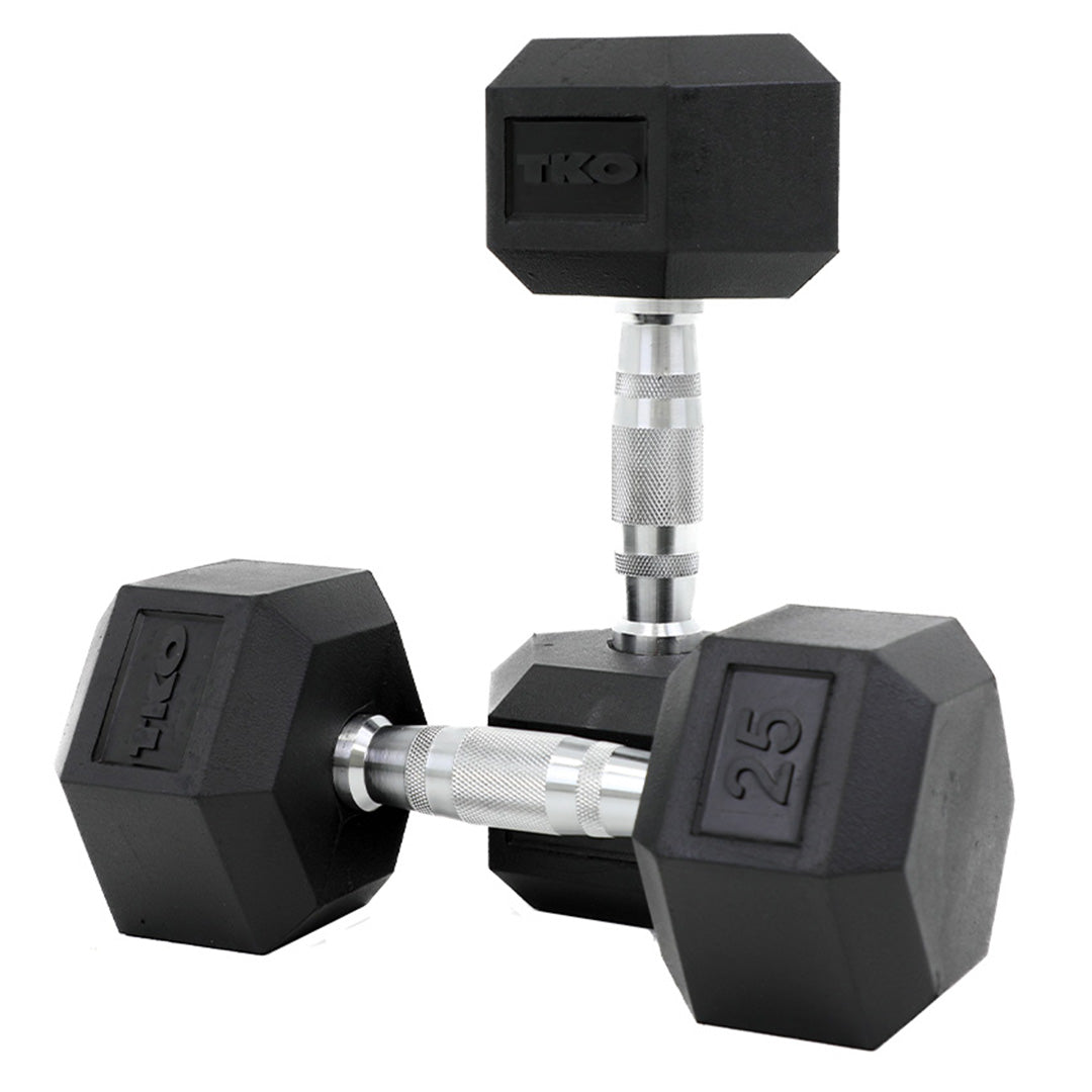 TKO rubber hex dumbbells with chrome contoured handles in multiple weight options