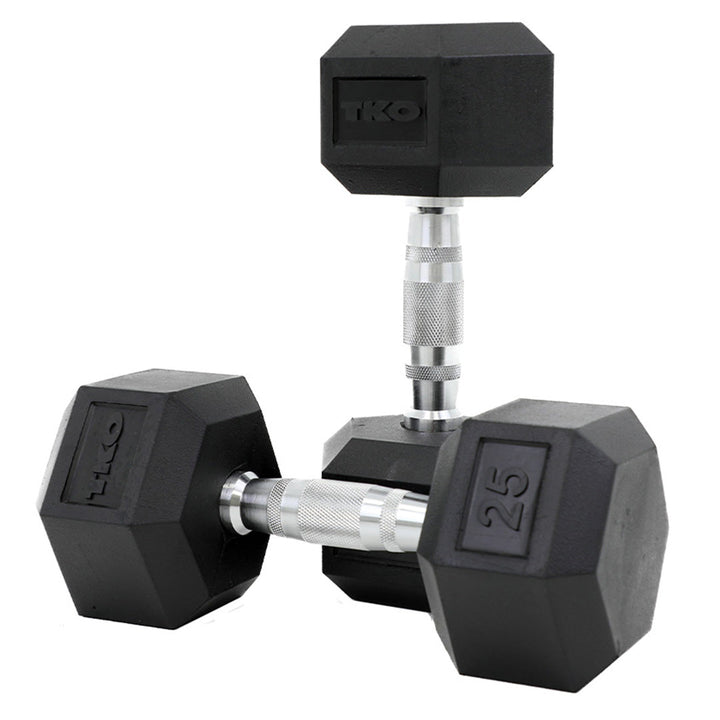 TKO rubber hex dumbbells with chrome contoured handles in multiple weight options