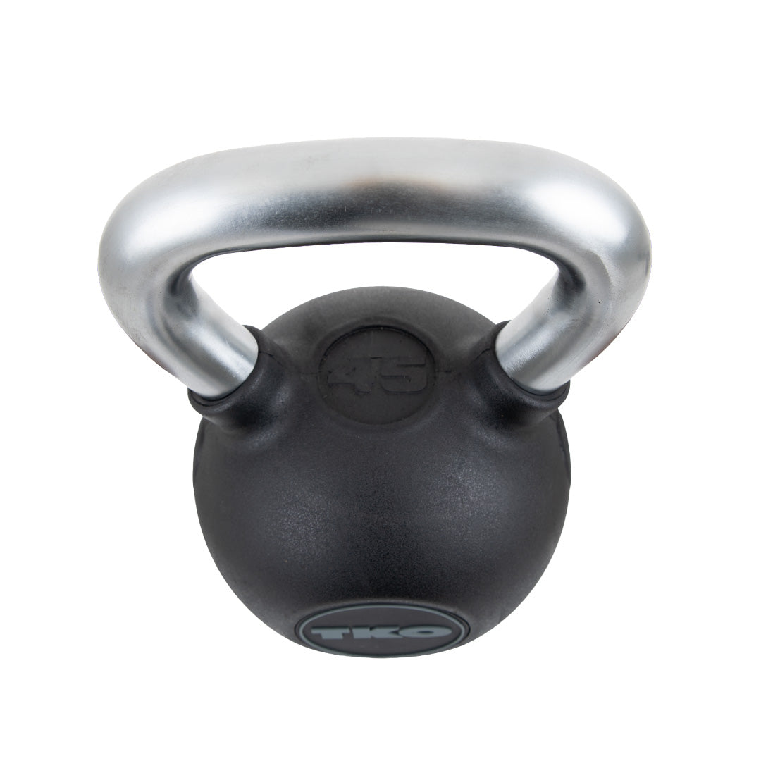 Angled view of TKO rubber kettlebell with textured finish