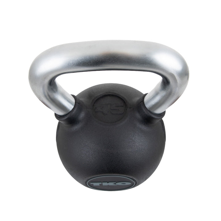 Angled view of TKO rubber kettlebell with textured finish