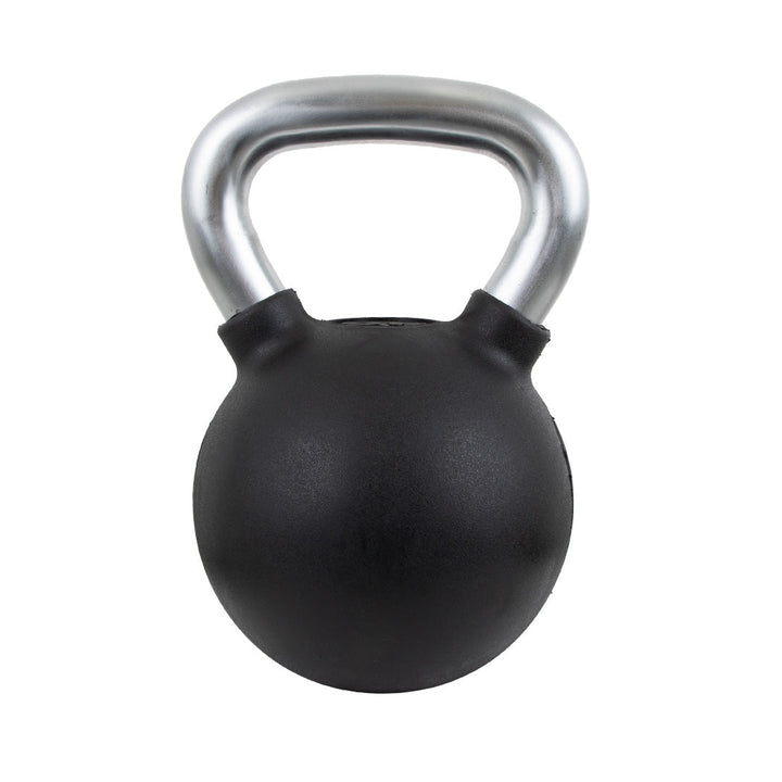 Rear view of TKO rubber kettlebell with nickel-plated handle