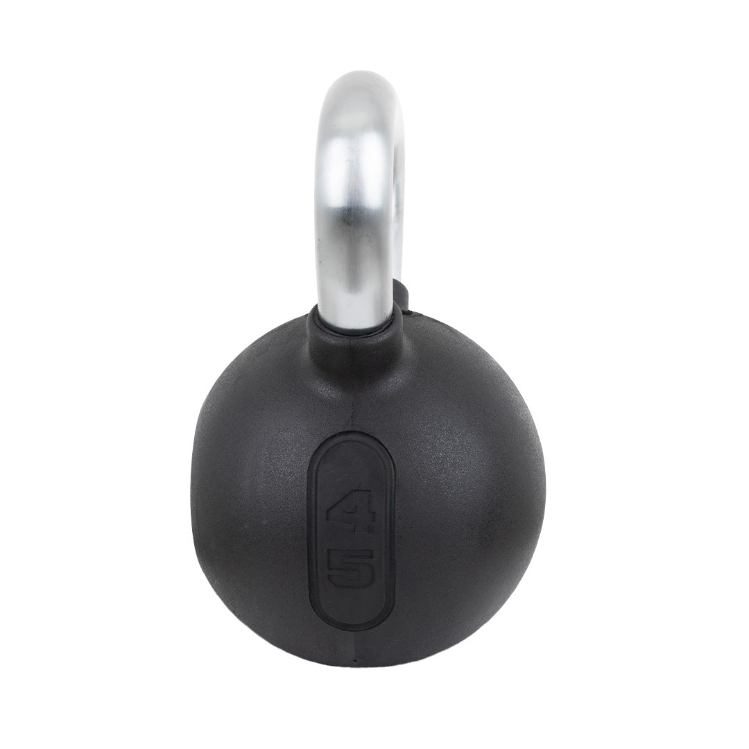 Side profile of TKO rubber kettlebell showing handle shape