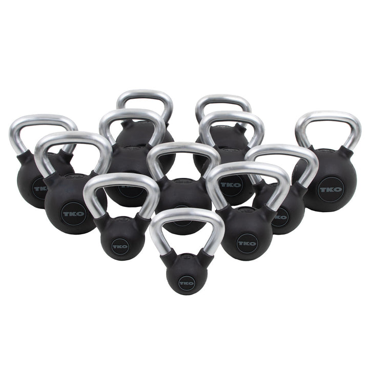 Multiple TKO rubber kettlebells displayed in assorted sizes