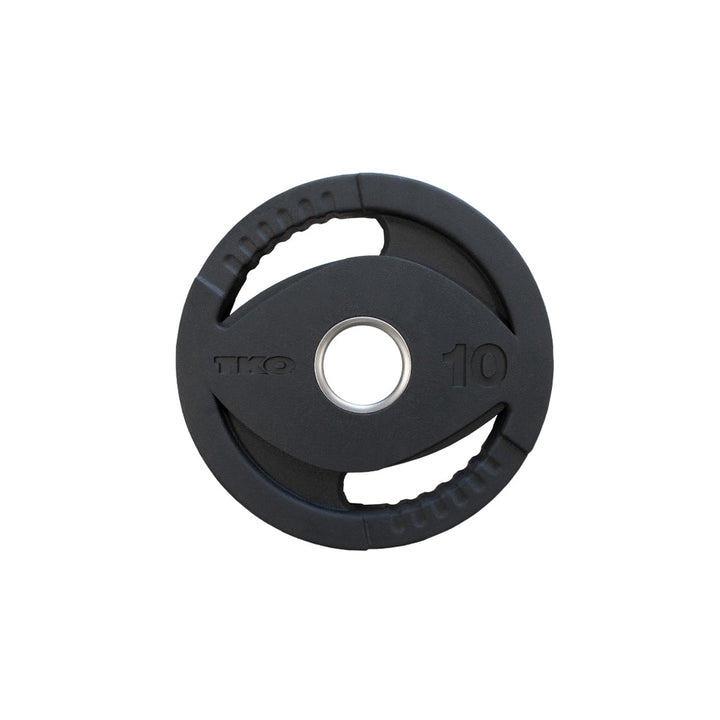 TKO rubber Olympic plate 10 lb durable coating with grip handles for safe handling during strength workouts