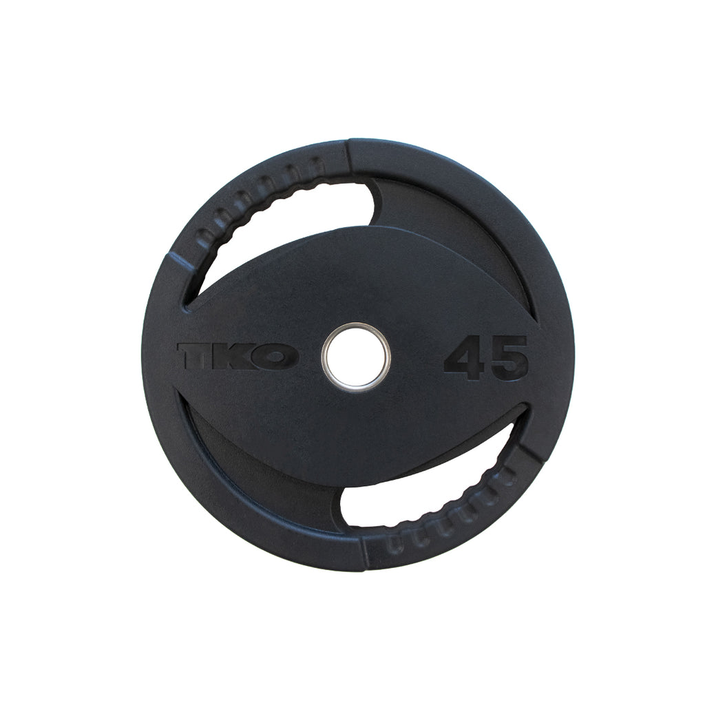 TKO rubber Olympic plate 45 lb dual grip handle design for safe lifting and strength training in gym workouts