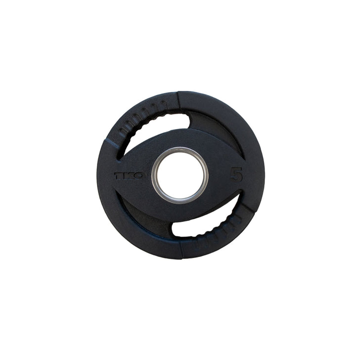 TKO rubber Olympic plate 5 lb ergonomic dual grip for balanced lifting and versatile strength training exercises