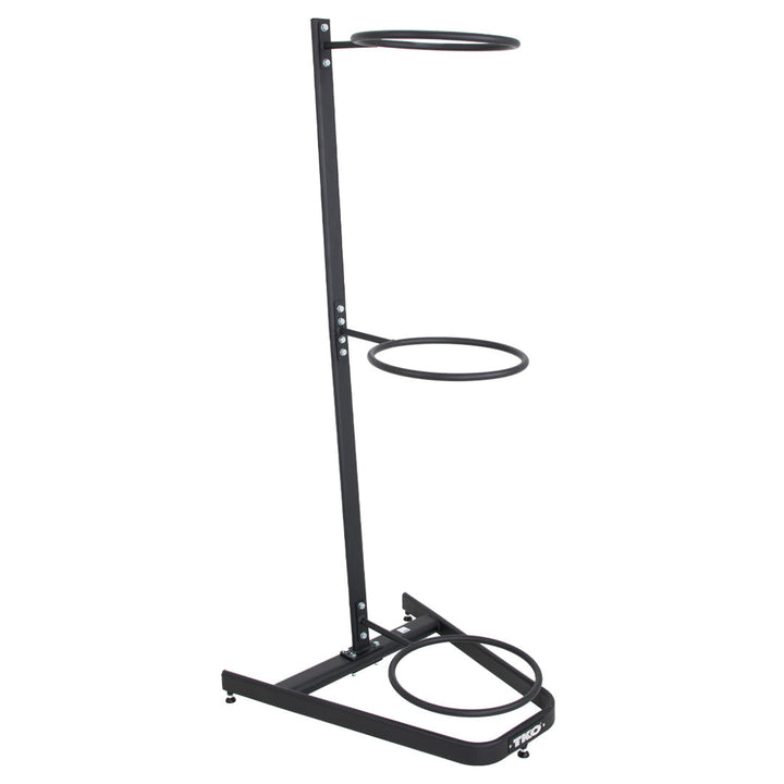 Side angle of TKO stability ball rack with vertical ball storage layout