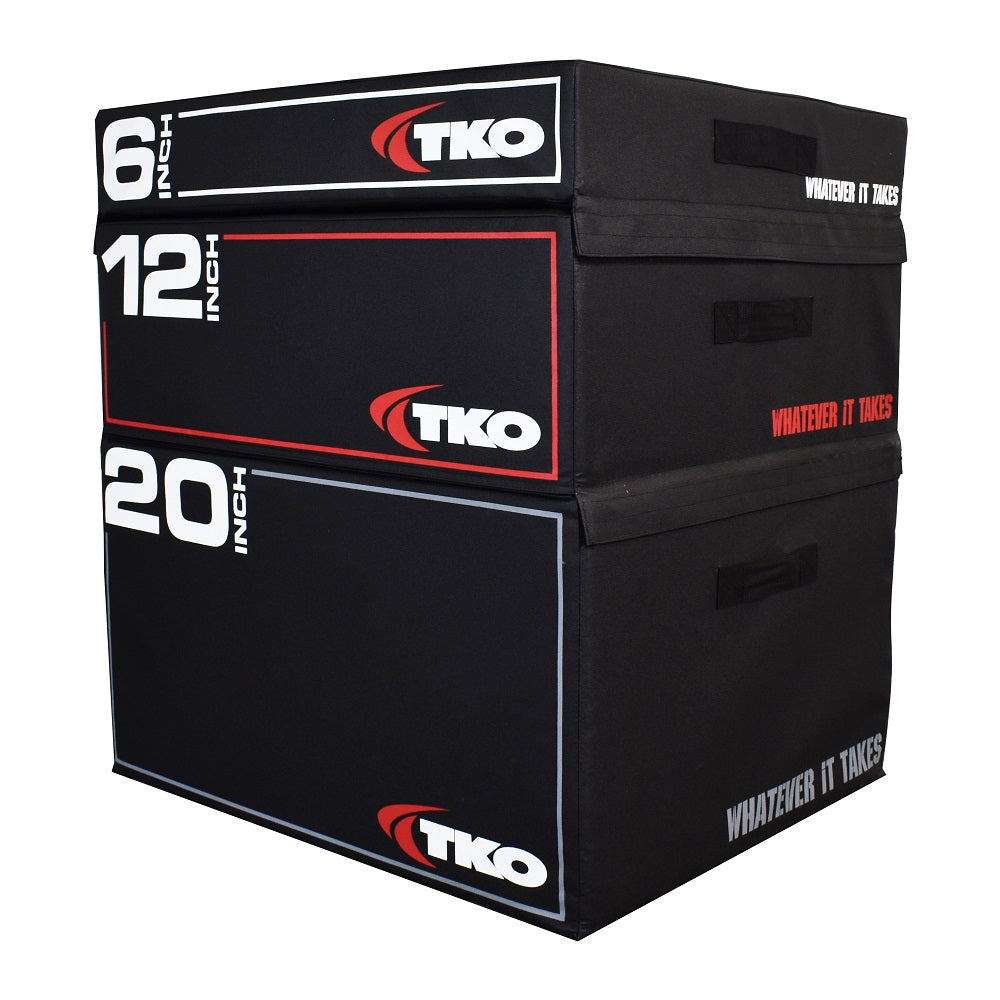 TKO stackable foam plyo box set with 6 inch, 12 inch, and 20 inch boxes stacked together