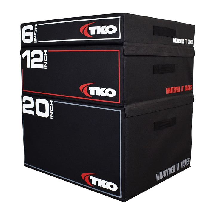 TKO stackable foam plyo box set with 6 inch, 12 inch, and 20 inch boxes stacked together