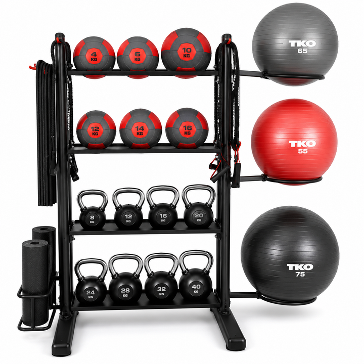 Accessory storage rack package with organized fitness accessories and storage compartments
