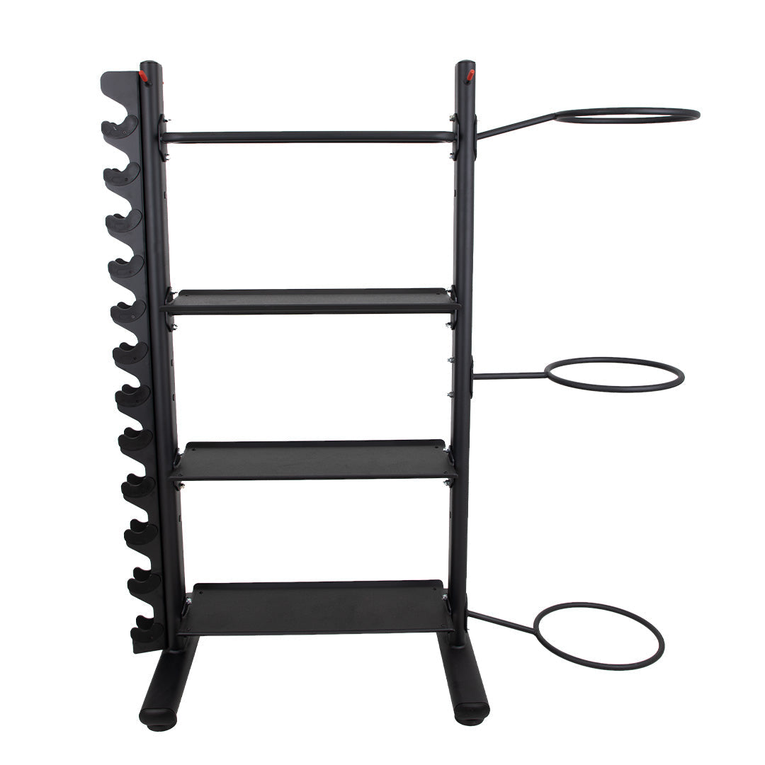 Storage rack frame with utility hooks and stability ball holders