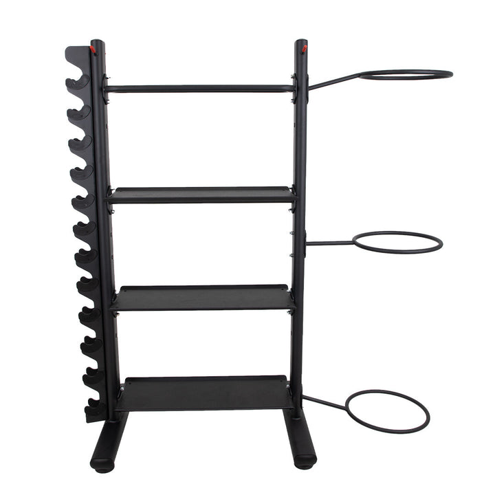 Storage rack frame with utility hooks and stability ball holders