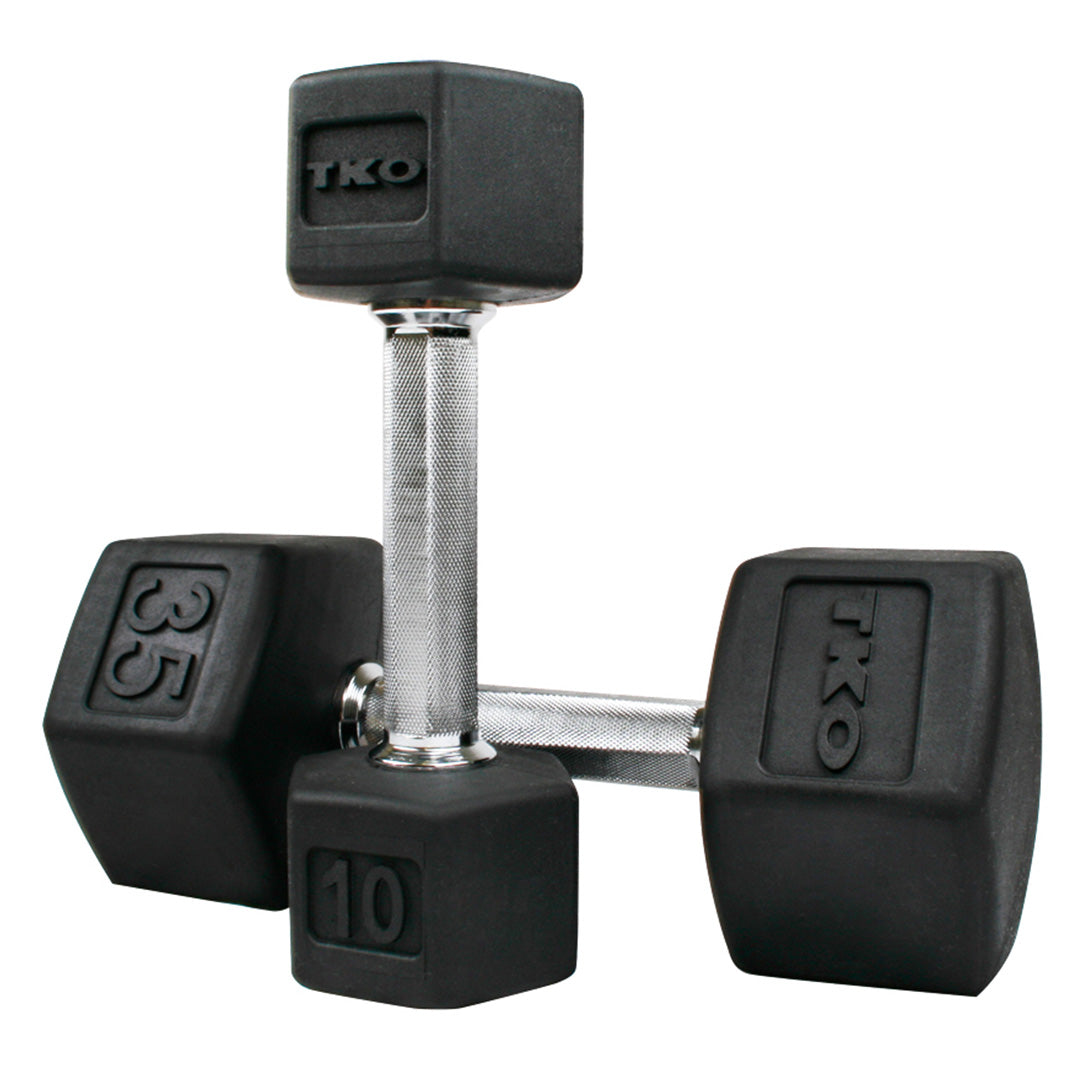 TKO Tri Grip hex dumbbells with chrome handles in multiple weight options