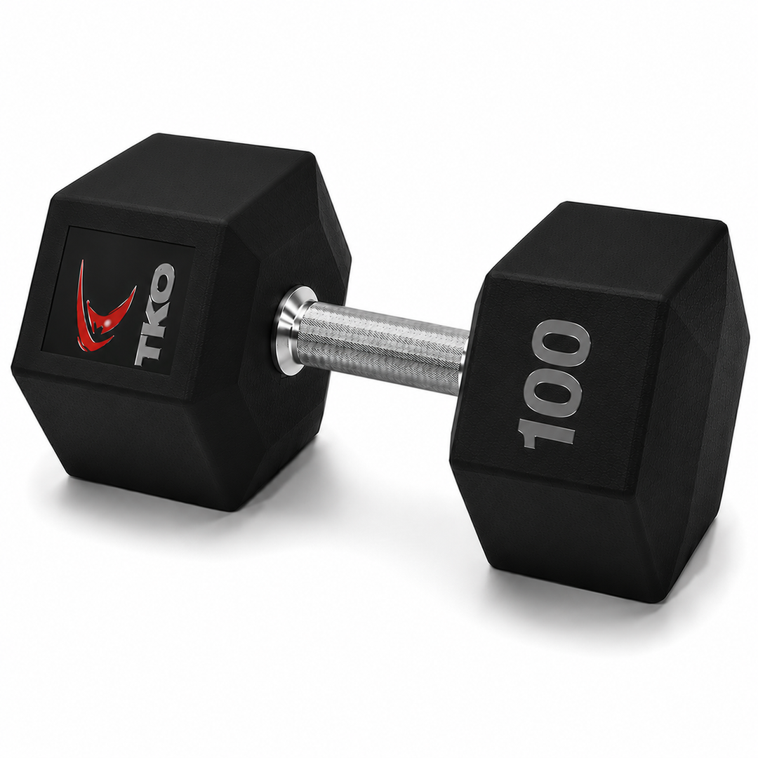TKO Tri Grip urethane hex dumbbell with hard chrome handle shown in side view