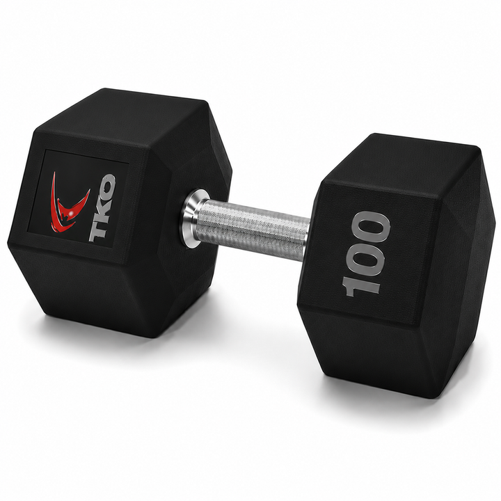 TKO Tri Grip urethane hex dumbbell with hard chrome handle shown in side view
