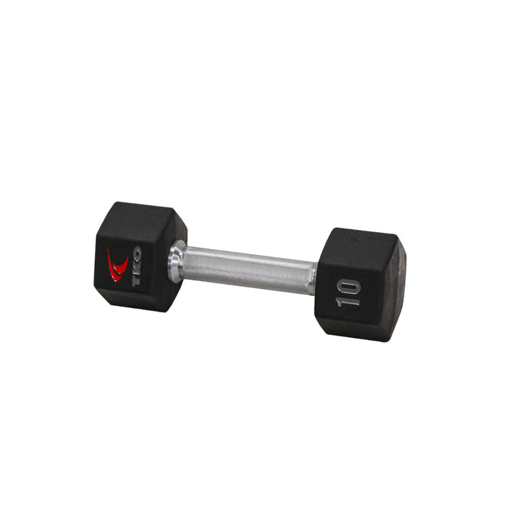 TKO Tri Grip urethane hex dumbbell with hard chrome handle shown in side view
