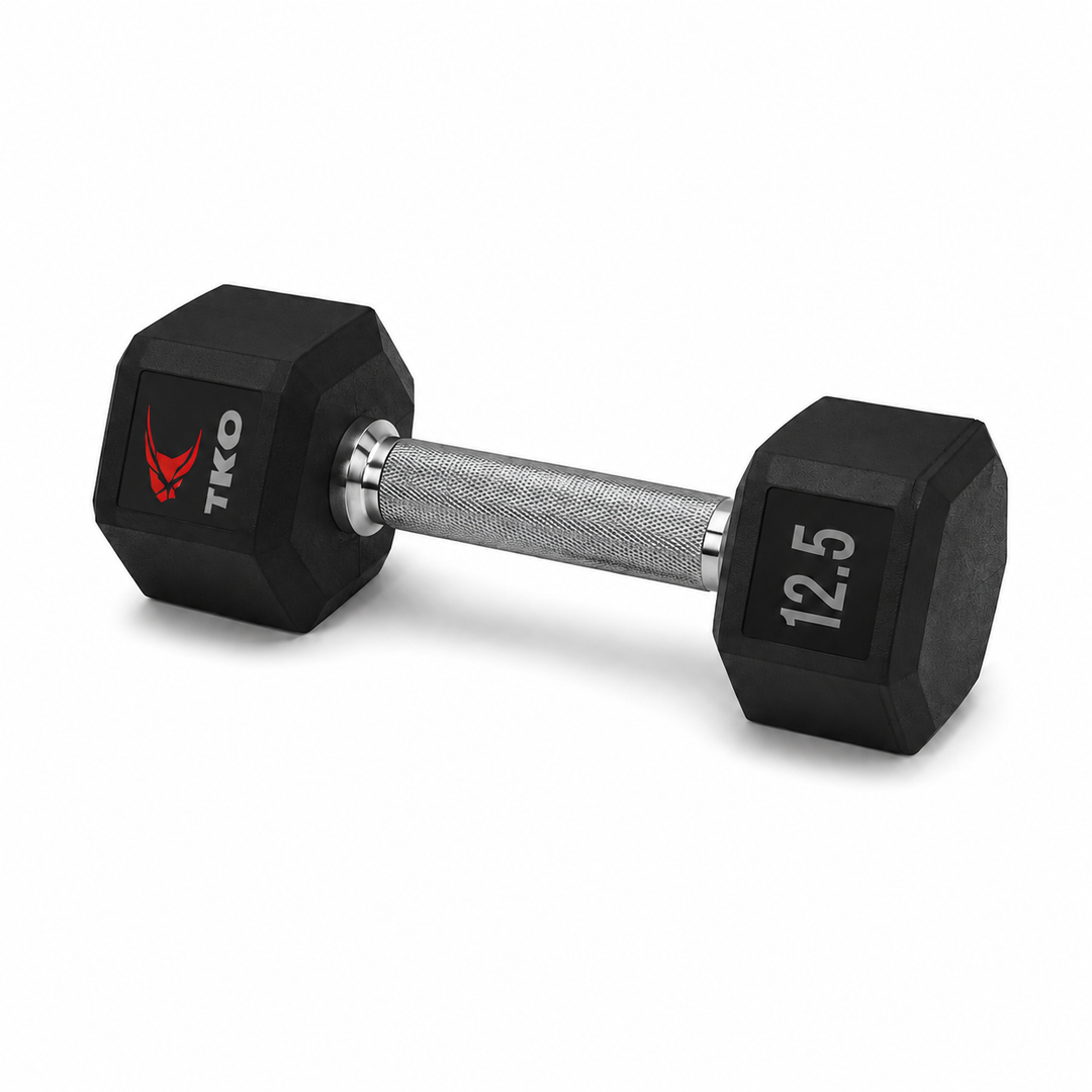 TKO Tri Grip urethane hex 12.5 lb dumbbell with hard chrome handle shown in side view