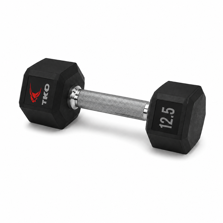 TKO Tri Grip urethane hex 12.5 lb dumbbell with hard chrome handle shown in side view