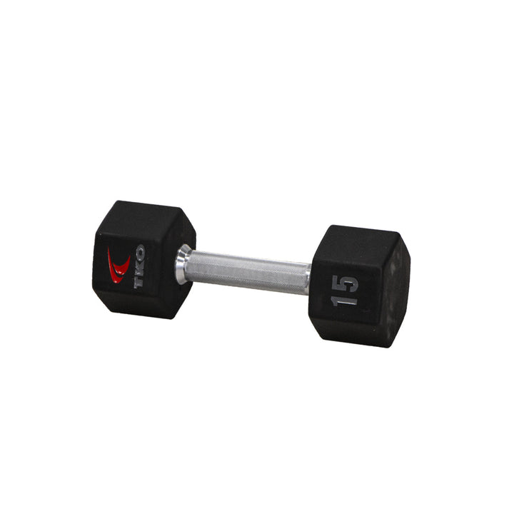 TKO Tri Grip urethane hex dumbbell with hard chrome handle shown in side view