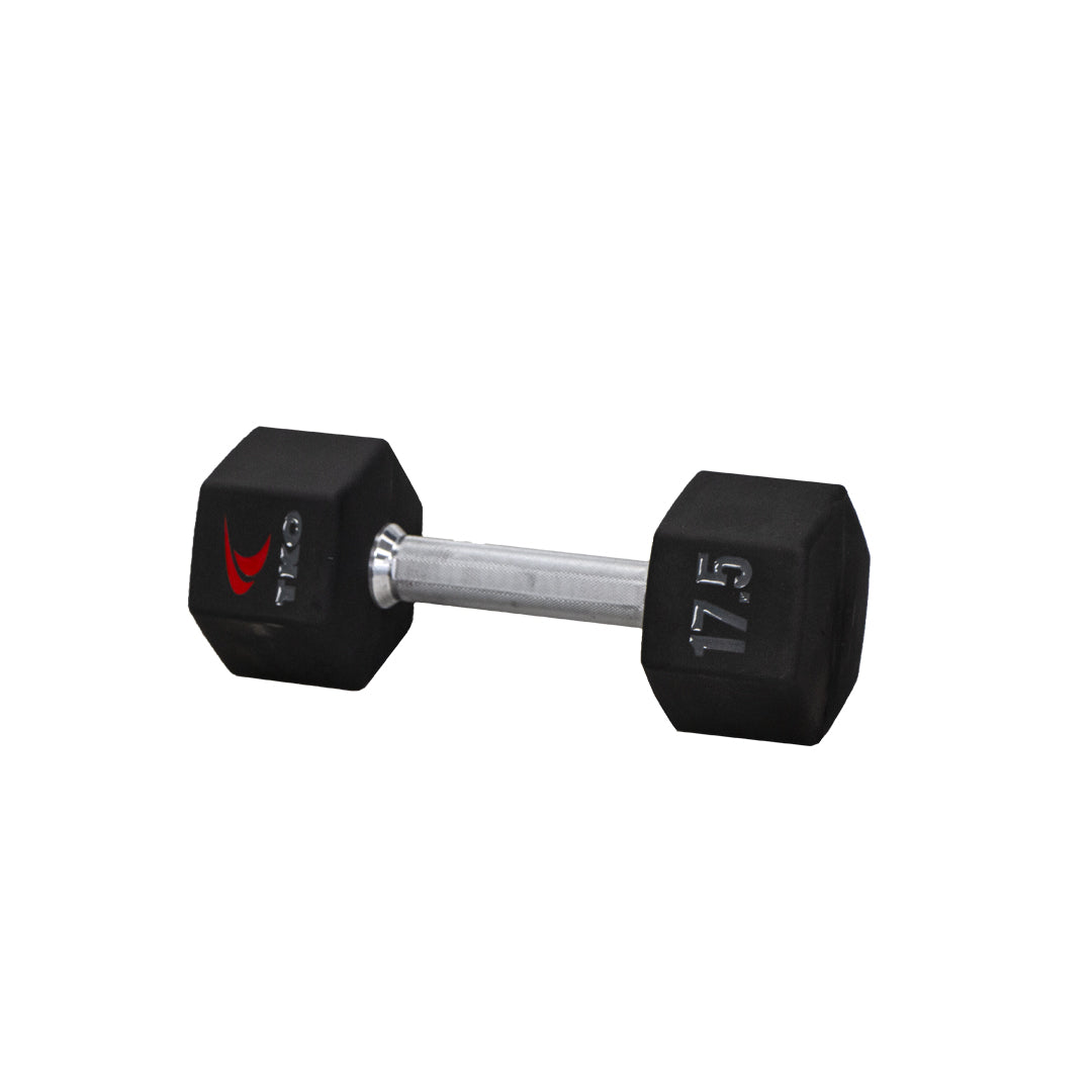 TKO Tri Grip urethane hex 17.5 dumbbell with hard chrome handle shown in side view
