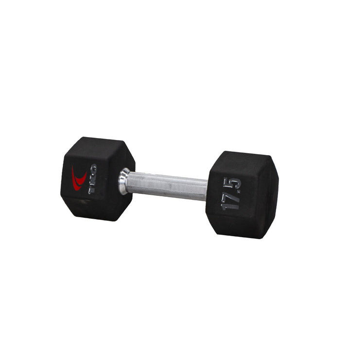 TKO Tri Grip urethane hex 17.5 dumbbell with hard chrome handle shown in side view