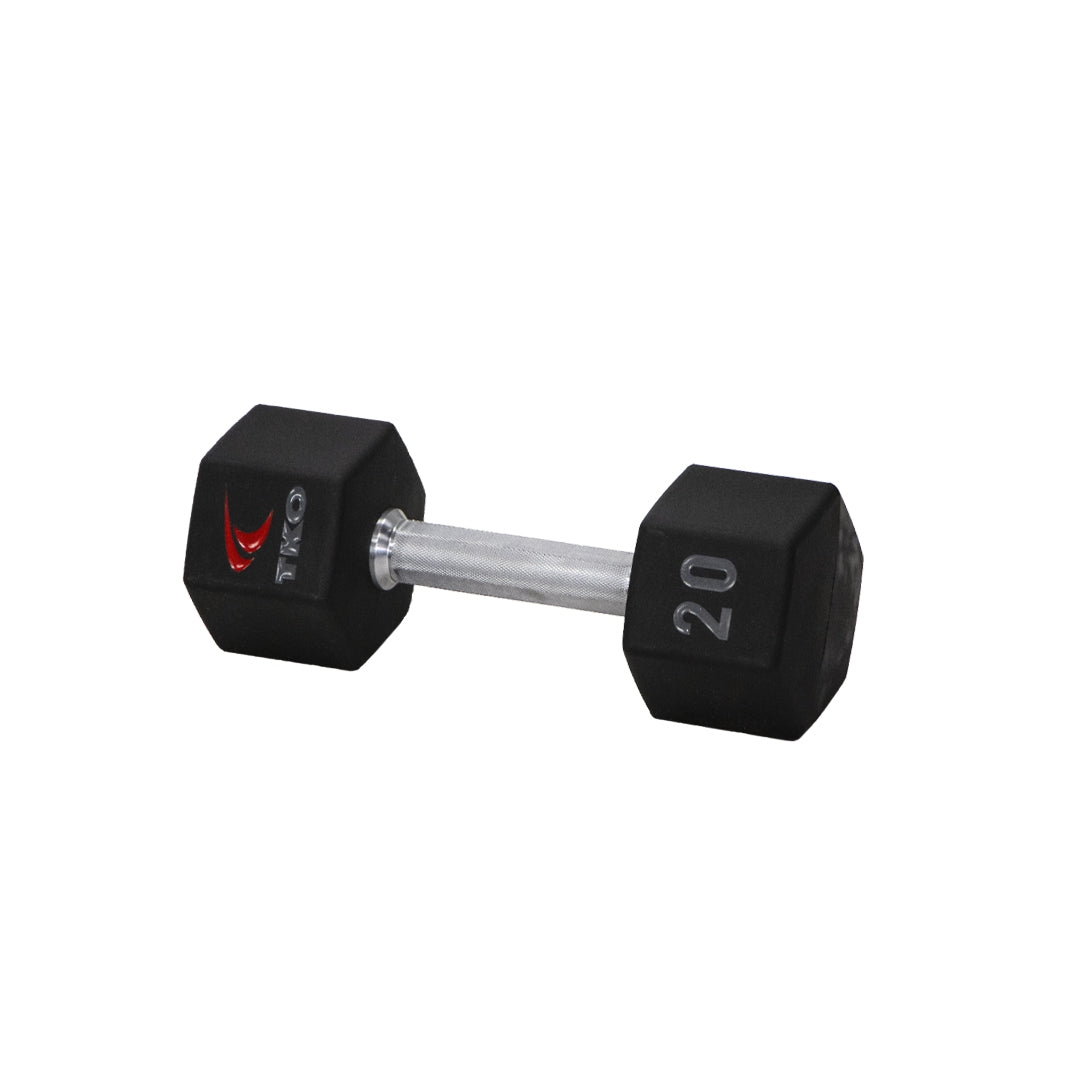 TKO Tri Grip urethane hex 20 lb dumbbell with hard chrome handle shown in side view