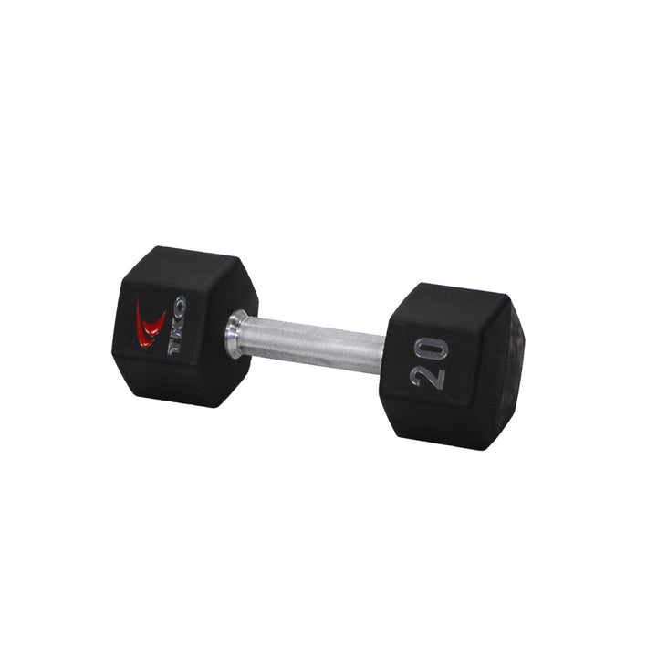 TKO Tri Grip urethane hex 20 lb dumbbell with hard chrome handle shown in side view