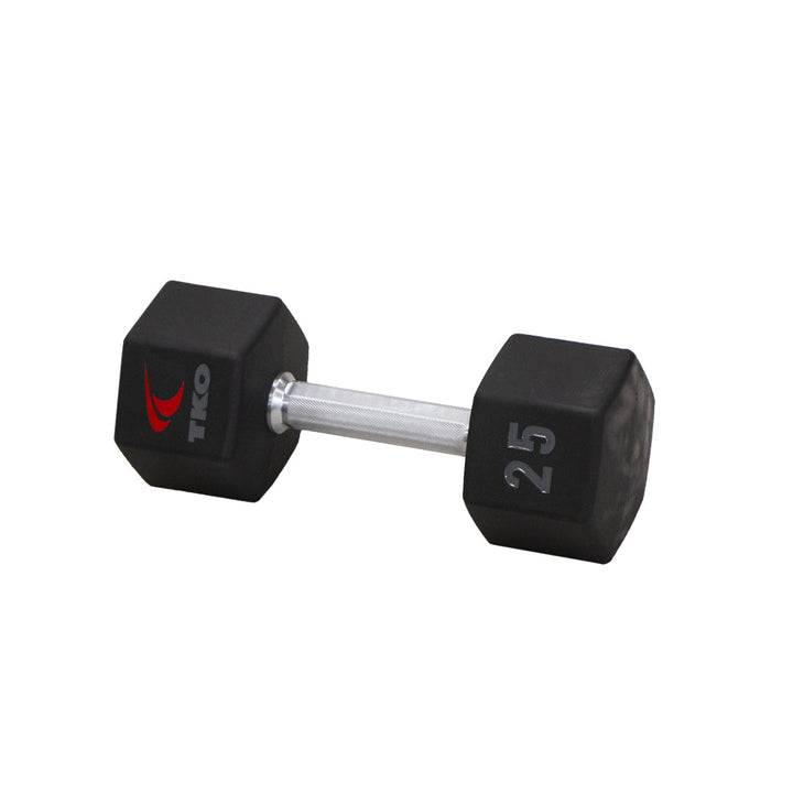 TKO Tri Grip urethane hex 25 dumbbell with hard chrome handle shown in side view