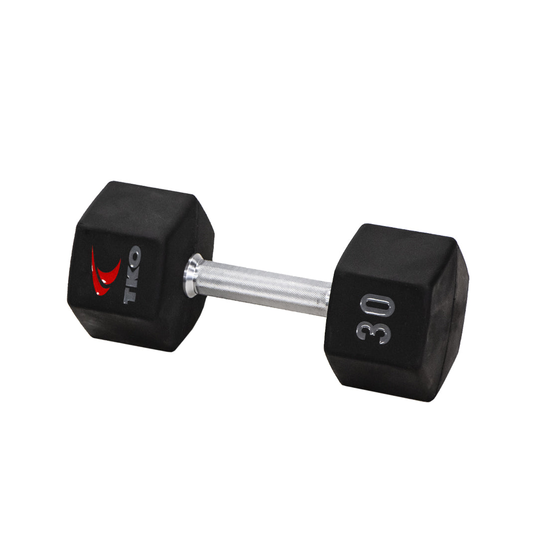 TKO Tri Grip urethane hex 30lb dumbbell with hard chrome handle shown in side view