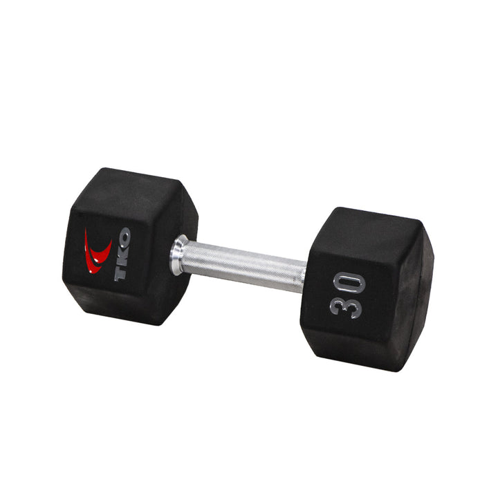 TKO Tri Grip urethane hex 30lb dumbbell with hard chrome handle shown in side view