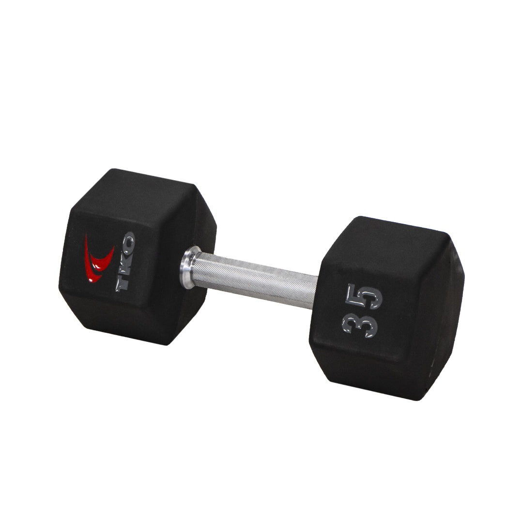 TKO Tri Grip urethane hex 35 lb dumbbell with hard chrome handle shown in side view