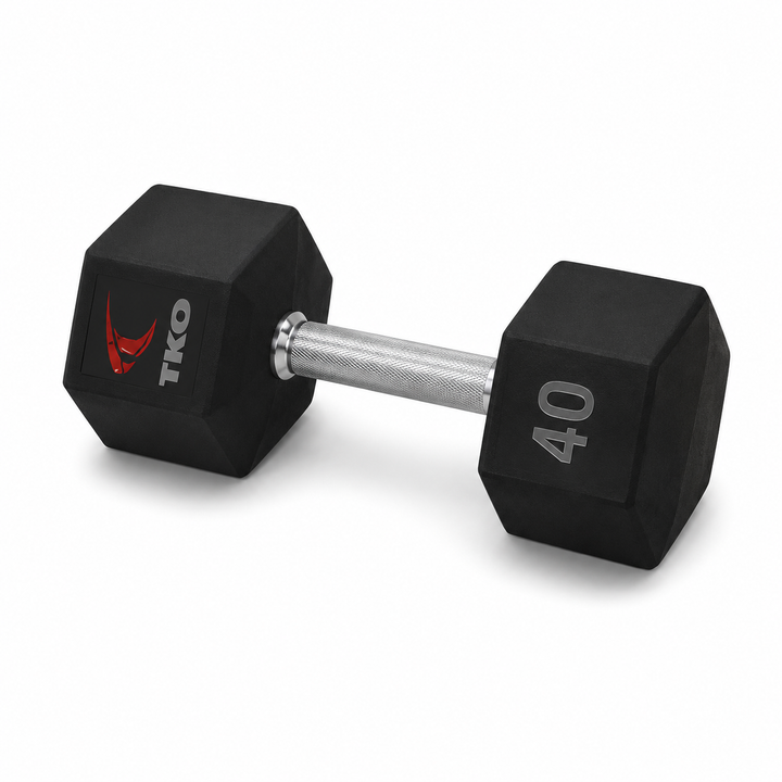 TKO Tri Grip urethane hex dumbbell with hard chrome handle shown in side view