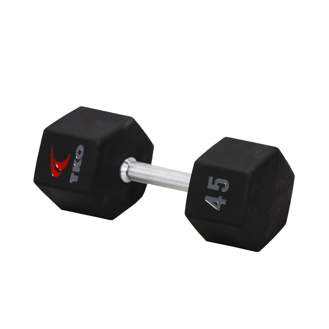 TKO Tri Grip urethane hex 45 dumbbell with hard chrome handle shown in side view