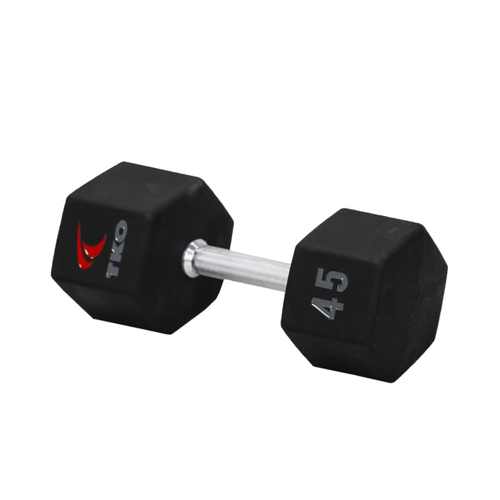TKO Tri Grip urethane hex 45 dumbbell with hard chrome handle shown in side view