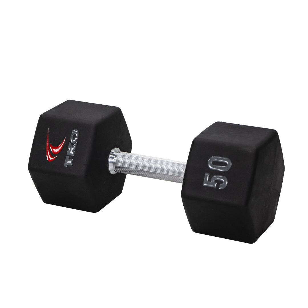 TKO Tri Grip urethane hex dumbbell with hard chrome handle shown in side view