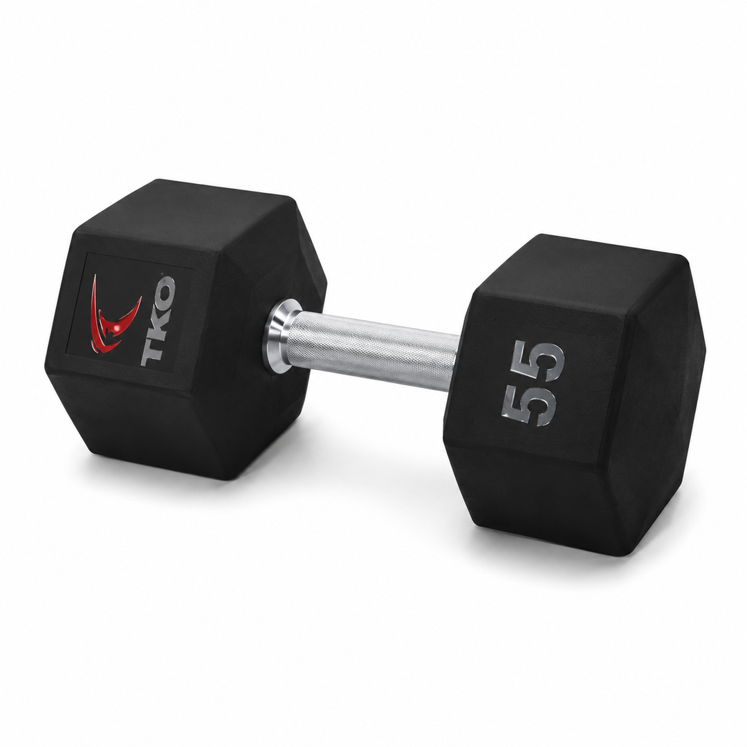 TKO Tri Grip urethane hex dumbbell with hard chrome handle shown in side view