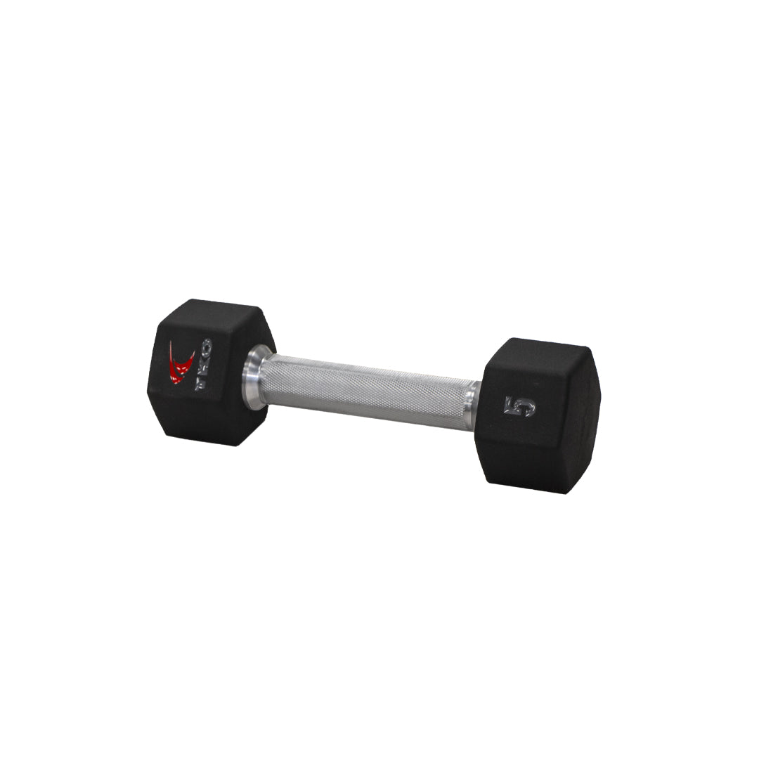 TKO Tri Grip urethane hex dumbbell with hard chrome handle shown in side view