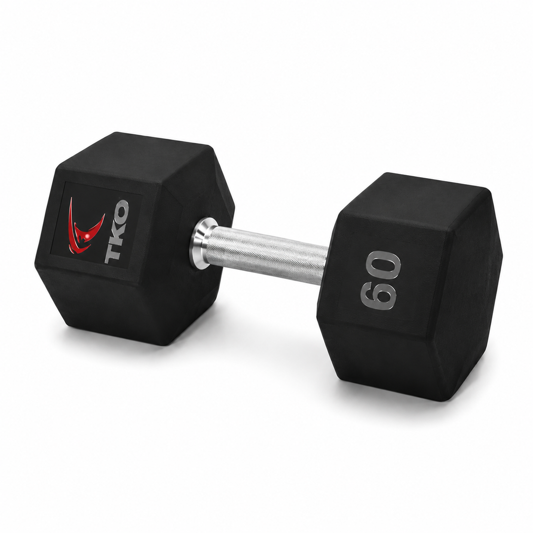 TKO Tri Grip urethane hex dumbbell with hard chrome handle shown in side view