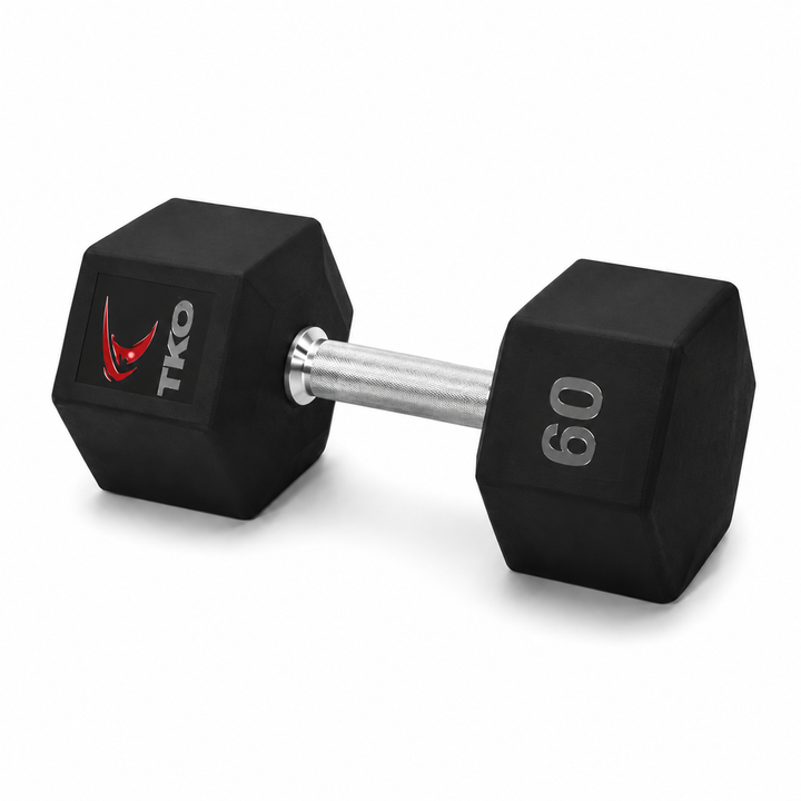 TKO Tri Grip urethane hex dumbbell with hard chrome handle shown in side view