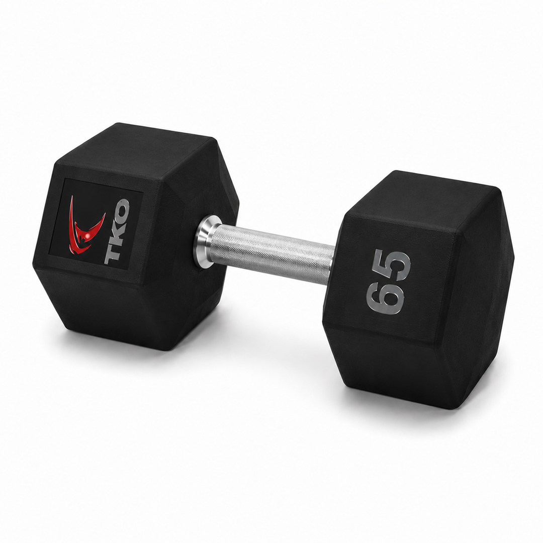 TKO Tri Grip urethane hex 65 lb dumbbell with hard chrome handle shown in side view
