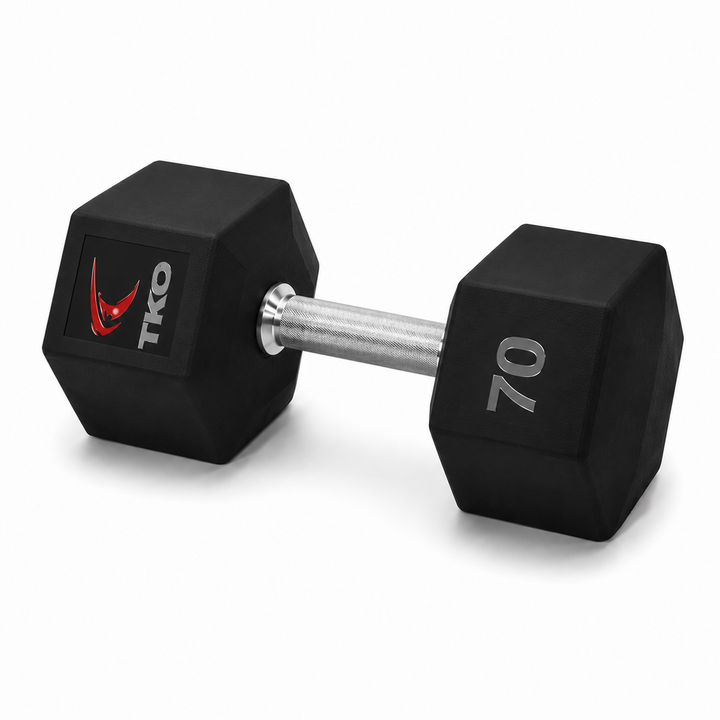TKO Tri Grip urethane hex dumbbell with hard chrome handle shown in side view