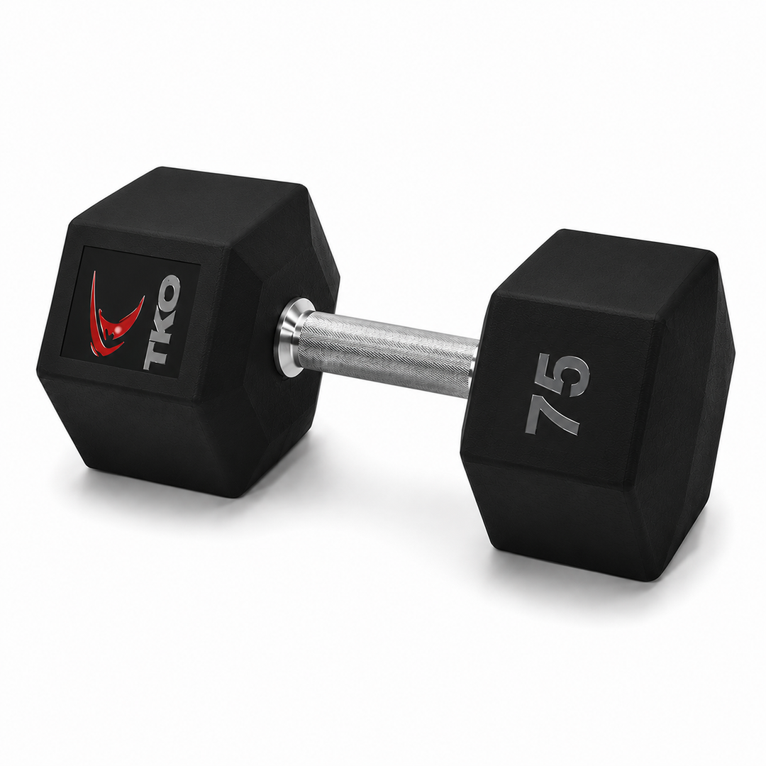 TKO Tri Grip urethane hex dumbbell with hard chrome handle shown in side view