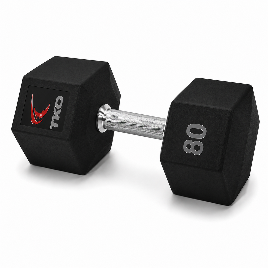 TKO Tri Grip urethane hex dumbbell with hard chrome handle shown in side view