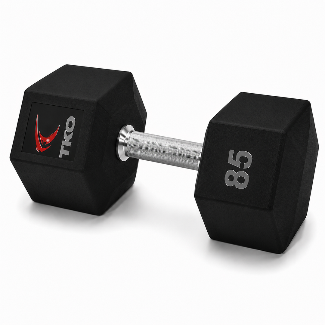TKO Tri Grip urethane hex dumbbell with hard chrome handle shown in side view