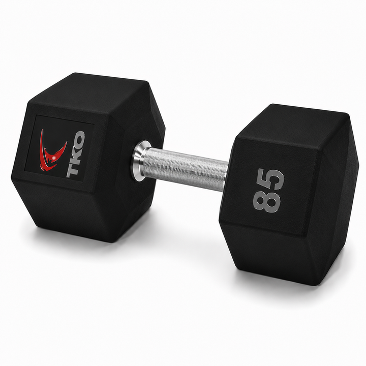TKO Tri Grip urethane hex dumbbell with hard chrome handle shown in side view