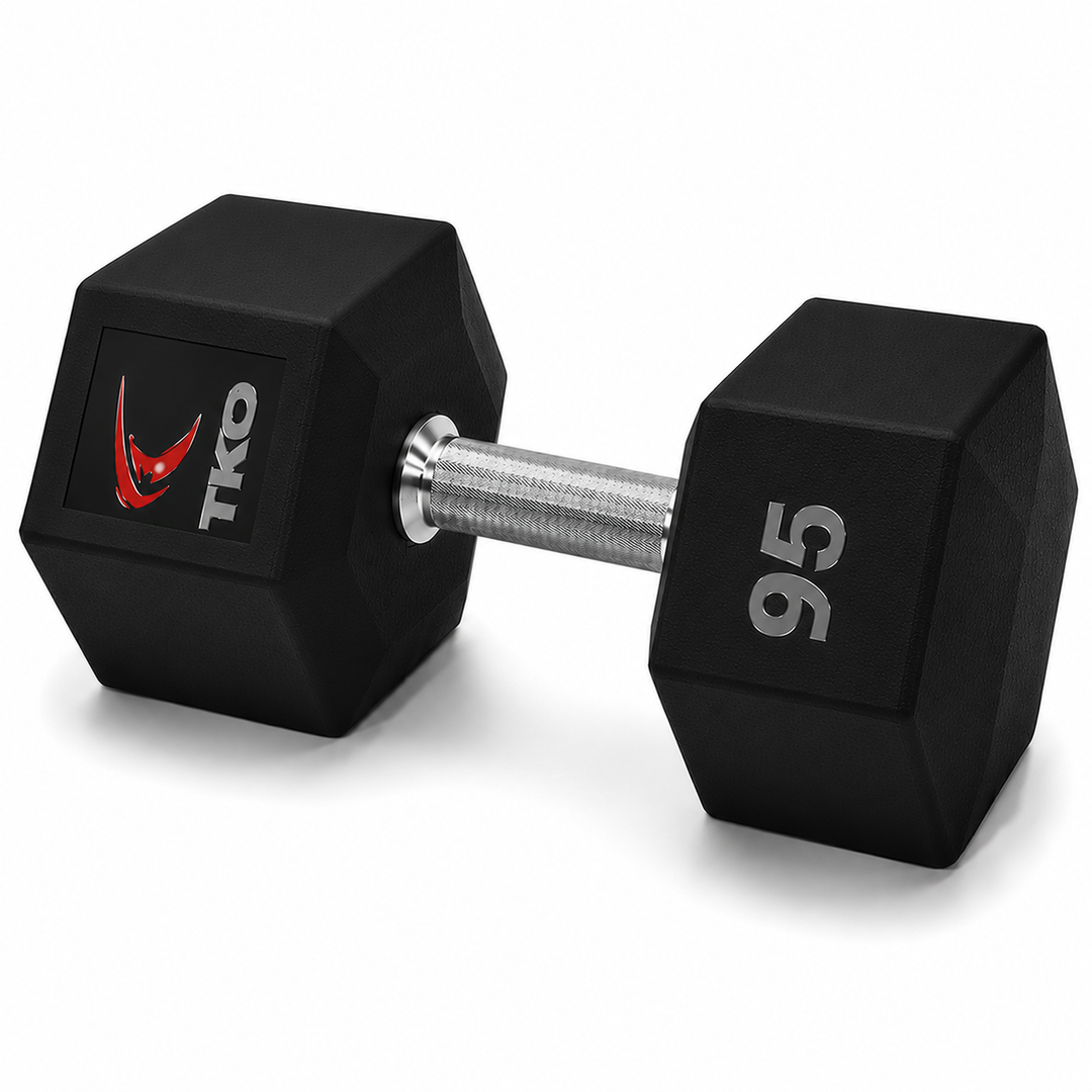 TKO Tri Grip urethane hex 95 lb dumbbell with hard chrome handle shown in side view