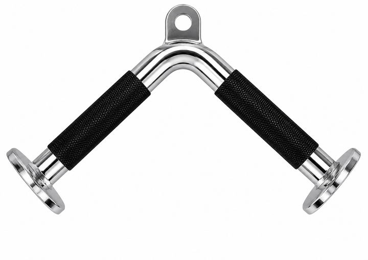 TKO tricep extension bar attachment with angled grips and chrome construction for cable machines