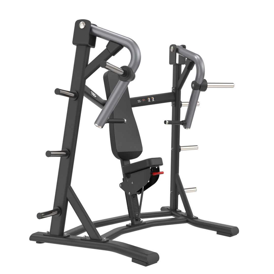 TKO unilateral converging chest press plate loaded machine with adjustable seat and weight storage horns