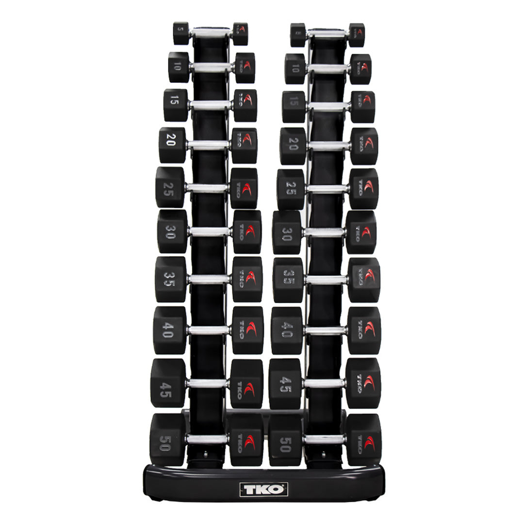 Vertical dumbbell rack holding multiple pairs of dumbbells for organized storage